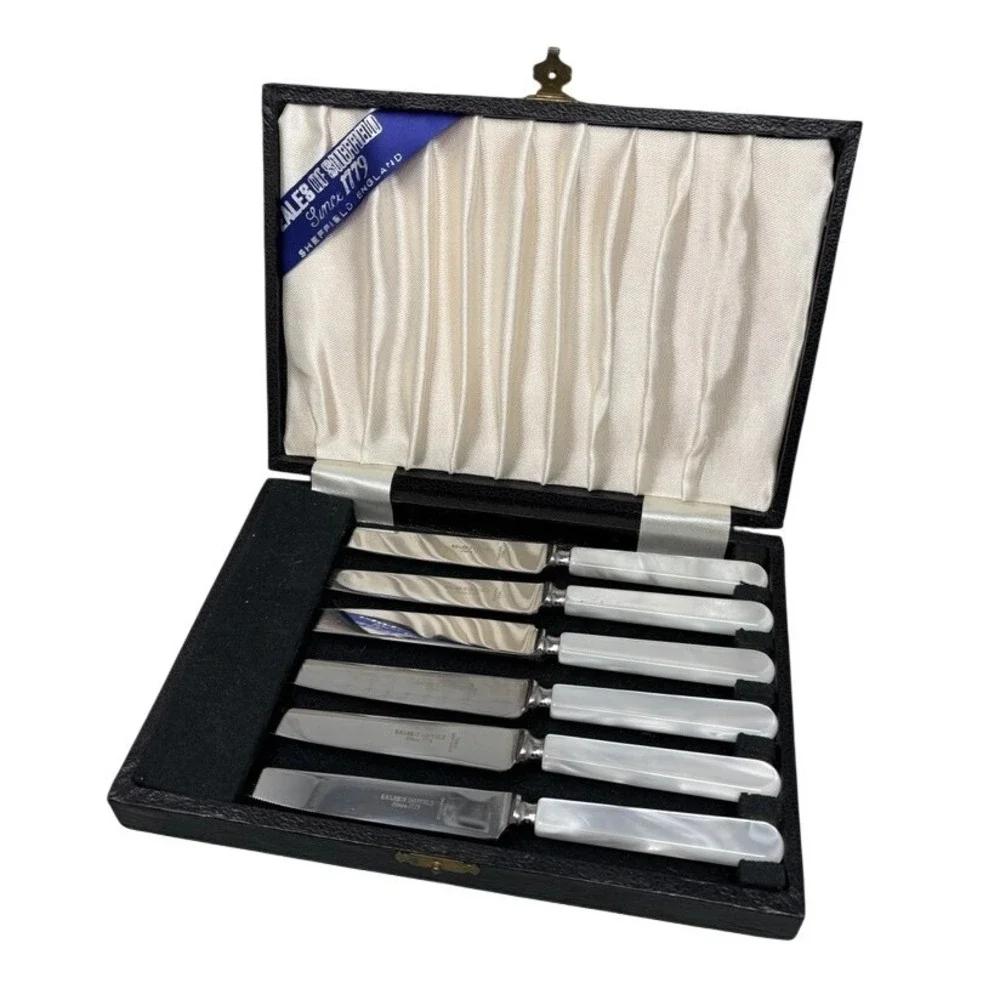 Vtg Eales of Sheffield 6 Piece Steak Knife Set Stainless Mother of Pearl Case